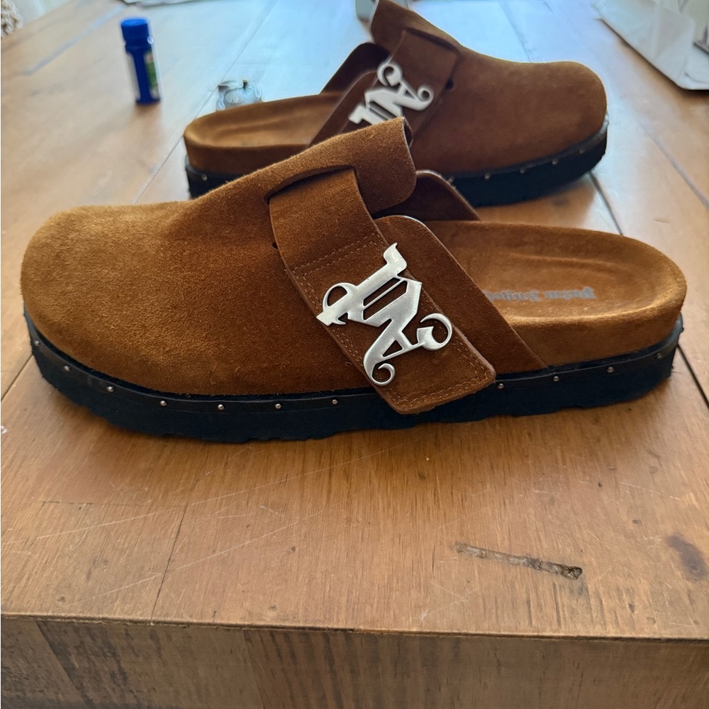 Palm Angels Tan Suede Slip-Ons with Silver Logo
